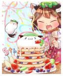  &gt;_&lt; 1girl :3 animal_ear_fluff animal_ears banana_slice blue_background blueberry blurry bow bowtie brown_hair cat_ears cat_tail chen commentary_request confetti creature depth_of_field eyes_closed fang fireworks food fruit happy hat high_collar highres holding ibaraki_natou kiwi_slice long_sleeves mob_cap mochen multiple_tails number open_mouth pancake party_popper plate pocky raspberry red_skirt red_vest shirt short_hair skirt smile solo sparkler stack_of_pancakes standing strawberry streamers table tail touhou upper_body vest whipped_cream white_neckwear white_shirt 