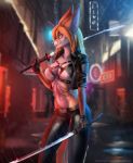  2019 5_fingers anthro black_nose breasts butterfly_clip canid canine city clothed clothing elvofirida eyewear facial_piercing female fennec fox glasses hairclip holding_object holding_weapon kaiyonato mammal melee_weapon midriff navel outside piercing raining solo standing sword weapon 