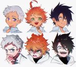  &gt;:p &gt;:q 1girl 2boys ahoge black_hair blue_eyes closed_mouth emma_(yakusoku_no_neverland) green_eyes hair_ribbon ke02152 looking_at_another looking_at_viewer multiple_boys neck_tattoo norman_(yakusoku_no_neverland) number_tattoo open_mouth orange_hair pullover ray_(yakusoku_no_neverland) ribbon shirt short_hair simple_background smile tattoo teeth tongue white_background white_hair white_shirt yakusoku_no_neverland 