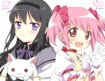  2girls akemi_homura artist_name black_hair blush bow closed_mouth collaboration collarbone eyebrows_visible_through_hair gloves hair_bow hairband highres kaname_madoka kyubey long_hair long_sleeves looking_at_viewer mahou_shoujo_madoka_magica multiple_girls namori open_mouth pink_bow pink_eyes pink_hair puffy_short_sleeves puffy_sleeves purple_eyes short_sleeves short_twintails smile twintails twitter_username upper_body white_gloves yui_(spica) 
