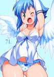  1girl angel angel_wings armpits arms_up asymmetrical_wings bare_shoulders blue_hair blush breasts cameltoe commentary_request elbow_gloves gloves gluteal_fold green_eyes looking_at_viewer medium_breasts nanael one_eye_closed open_mouth panties polka_dot polka_dot_panties queen&#039;s_blade shiny shiny_hair shiny_skin short_hair solo thighs underwear wings yu_3 
