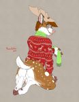  antlers balls blush bottomless butt cervid clothed clothing cloven_hooves dallas_(gingersnaps) eyewear glasses green_eyes hi_res hooves horn kneeling male mammal piercing richard_foley scarf solo sweater topwear 