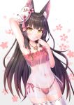  1girl animal_ear_fluff animal_ears arm_behind_head arm_up armpits azur_lane bare_arms black_hair blush breasts cherry_blossoms closed_mouth cocoasabure collarbone cowboy_shot finger_to_mouth fox_ears fox_mask groin hand_up highres jewelry light_particles lingerie long_hair looking_at_viewer mask mask_on_head nagato_(azur_lane) navel necklace panties red_panties see-through side-tie_panties small_breasts smile solo standing stomach thighhighs underwear very_long_hair white_legwear yellow_eyes 