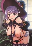  1girl artist_request bent_over bikini bikini_warriors blush breasts crescent_moon eyebrows_visible_through_hair hat highres large_breasts mage_(bikini_warriors) moon navel open_mouth puffy_short_sleeves puffy_sleeves purple_eyes purple_hair short_sleeves solo surprised swimsuit thighhighs topless wardrobe_malfunction window wizard_hat 
