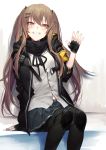  1girl absurdres arm_support armband bangs black_gloves black_ribbon black_scarf blush breasts brown_hair buttons eyebrows_visible_through_hair fingerless_gloves girls_frontline gloves grey_skirt grin hair_between_eyes hair_ornament hairclip hand_up highres hood hood_down hooded_jacket jacket knee_pads kyo long_hair looking_at_viewer neck_ribbon open_clothes open_jacket pantyhose pleated_skirt red_eyes ribbon scar scar_across_eye scarf shirt skirt smile twintails ump9_(girls_frontline) untucked_shirt white_shirt 