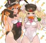  2girls alternate_costume animal_ears bangs bare_shoulders black_gloves black_leotard blonde_hair blue_eyes blush braid breasts brown_hair bunny_ears bunny_girl bunny_tail carrot cleavage commentary_request covered_navel cowboy_shot detached_collar elbow_gloves fake_animal_ears from_side gloves granblue_fantasy hair_lift hat highleg highleg_leotard highres large_breasts lecia_(granblue_fantasy) leotard long_hair looking_at_viewer medium_breasts monica_weisswind multiple_girls open_mouth peaked_cap picube525528 strapless strapless_leotard tail thighs twintails white_leotard 