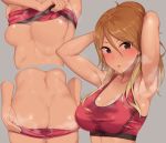  1girl :o armpits arms_behind_head ass bangs bare_shoulders blonde_hair blush breasts butt_crack cleavage dark_skin dimples_of_venus erect_nipples eyebrows_visible_through_hair grey_background gyaru hair_between_eyes hiiragi_hajime idolmaster idolmaster_shiny_colors izumi_mei large_breasts long_hair looking_at_viewer multiple_views sidelocks simple_background sports_bra steaming_body sweat underboob undressing 