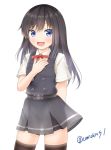  1girl adapted_costume asashio_(kantai_collection) belt black_hair black_legwear blue_eyes blush buttons comiching dress eyebrows_visible_through_hair hair_between_eyes hand_on_own_chest highres kantai_collection long_hair looking_at_viewer neck_ribbon open_mouth pinafore_dress pleated_skirt red_neckwear red_ribbon remodel_(kantai_collection) ribbon school_uniform shirt short_sleeves simple_background skirt smile solo thighhighs twitter_username white_background white_shirt 