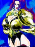  1girl armor ass baccarat_(one_piece) black_gloves breasts cleavage dress full_body gloves gmotida hand_on_hip high_heels huge_breasts large_breasts long_hair one_piece red_hair sleeveless smile 