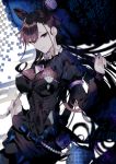  1girl bangs black_dress breasts brown_hair closed_mouth cowboy_shot curly_hair double_bun dress fate/grand_order fate_(series) frills gem hair_between_eyes hair_ornament holding holding_paintbrush large_breasts long_hair long_sleeves looking_at_viewer murasaki_shikibu_(fate) paintbrush puffy_sleeves purple_eyes solo striped two_side_up umbrella vertical-striped_dress vertical_stripes very_long_hair 