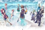  1girl 2boys animal_hood baggy_pants barefoot blue_eyes blue_sky boots brown_hair cloud eating english_text food food_in_mouth fruit highres holding holding_weapon hood hood_up hooded_jacket jacket jewelry kairi_(kingdom_hearts) keyblade kingdom_hearts kingdom_hearts_i kingdom_hearts_ii kingdom_hearts_iii looking_at_viewer looking_to_the_side multiple_boys necklace nikusenpai pants paopu_fruit partially_submerged red_hair riku shooting_star short_hair silver_hair sitting sky sora_(kingdom_hearts) spiked_hair standing transparent water waves weapon 