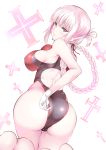 ass breasts daive fate/grand_order fate_(series) feet florence_nightingale_(fate/grand_order) full_body gloves highres large_breasts long_hair looking_at_viewer nipples open_mouth pink_eyes pink_hair swimsuit tied_hair white_gloves 