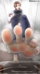  1girl against_glass barefoot blush dongame_(artist) feet footprints from_below glass highres idolmaster idolmaster_cinderella_girls kiba_manami looking_at_viewer pov pov_feet soles steam sweat toes 