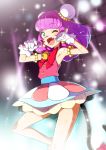  1girl ;d blush cat_tail character_request double_bun eyebrows_visible_through_hair fang gloves green_eyes highres looking_at_viewer microphone one_eye_closed open_mouth pointy_ears precure purple_hair short_hair skirt sleeveless smile solo sparkle star_twinkle_precure sweat tail white_gloves yuto_(dialique) 