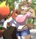  2019 ahoge anthro big_breasts black_sclera blush bottomwear bra breast_squish breasts camera canid canine canis caradhina cleavage clothed clothing crop_top digital_media_(artwork) domestic_dog dragon-chan duo embers female fire fur green_eyes hair huge_breasts larger_female legwear mammal open_mouth pam_(wrinklynewt) purple_eyes selfie shirt shorts size_difference small_breasts smile smothering squish thong topwear underwear 
