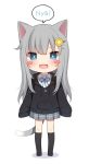  +_+ 1girl amashiro_natsuki animal_ears bangs black_hoodie black_legwear blue_bow blush blush_stickers bow cat_ears cat_girl cat_tail chibi collared_shirt commentary_request drawstring dress_shirt eyebrows_visible_through_hair food_themed_hair_ornament full_body grey_hair grey_skirt hair_between_eyes hair_ornament hairclip highres hood hood_down hoodie long_hair long_sleeves no_shoes original plaid plaid_skirt pleated_skirt romaji_text shadow shirt skirt sleeves_past_fingers sleeves_past_wrists solo speech_bubble standing tail thighhighs very_long_hair white_background white_shirt 