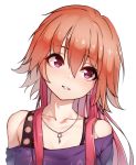  1girl bare_shoulders blush collarbone eyebrows_visible_through_hair eyelashes hair_between_eyes hair_extensions head_tilt highres idolmaster idolmaster_cinderella_girls jewelry kakaobataa key_necklace long_hair looking_to_the_side multicolored_hair necklace ninomiya_asuka off-shoulder_shirt off_shoulder orange_hair parted_lips pink_eyes pink_hair shirt simple_background smile solo two-tone_hair upper_body white_background 