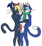  anthro black_fur blue_fur blue_sclera cattus_the_one_blade cum domestic_cat familiar_(mighty_magiswords) felid feline felis frottage fur green_sclera male male/male mammal mighty_magiswords multicolored_fur redout scarf sex white_fur zeigram 