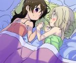  2girls absurdres bed blush brown_hair grey_hair hand_holding highres kuraue_hinata long_hair m-thet multiple_girls purple_eyes short_hair smile yama_no_susume yukimura_aoi yuri 