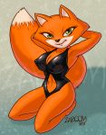  2019 anthro athletic black_clothing black_nose black_swimwear breasts brutal_paws_of_fury canid canine cheek_tuft cleavage clothed clothing collarbone dipstick_tail felame female fox foxy_roxy front_view full-length_portrait fur hands_behind_head inner_ear_fluff kneeling mammal multicolored_tail navel nipple_outline nude orange_fur portrait smile solo swimwear three-quarter_view tuft video_games watermark white_fur zaboom 