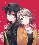  2girls ;) artist_name bangs baseball_cap black_hair black_headwear black_jacket black_shirt blue_eyes breast_pocket check_commentary cherry_blossoms commentary_request cousins eyebrows_visible_through_hair flower grey_hair hair_between_eyes hat hyugo jacket long_sleeves looking_at_another love_live! love_live!_sunshine!! love_live!_sunshine!!_the_school_idol_movie_over_the_rainbow multiple_girls one_eye_closed petals pocket purple_eyes red_background shirt short_hair smile upper_body watanabe_tsuki watanabe_you wavy_hair yellow_jacket yellow_shirt 