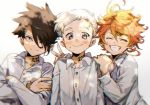  1girl 2boys :p ahoge black_eyes black_hair blue_eyes blush buttons emma_(yakusoku_no_neverland) eyes_closed hair_over_one_eye ke02152 long_sleeves looking_at_viewer multiple_boys neck_tattoo norman_(yakusoku_no_neverland) number_tattoo open_mouth orange_hair photo ray_(yakusoku_no_neverland) shirt short_hair simple_background sketch smile tattoo teeth tongue tongue_out white_background white_hair white_shirt yakusoku_no_neverland 