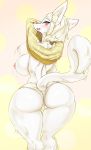  2016 anthro areola big_breasts big_butt blush breasts butt canid canine clothing female fox fur hi_res looking_at_viewer looking_back mammal nipples open_mouth pink_tongue portrait rear_view red_eyes rikuta simple_background solo standing three-quarter_portrait tongue underwear voluptuous white_body wide_hips yellow_clothing 