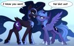  2019 black_fur blue_eyes blue_hair cosmic_hair cutie_mark digital_media_(artwork) duo english_text equid female feral friendship_is_magic fur hair hi_res horn mammal my_little_pony nightmare_moon_(mlp) princess_luna_(mlp) text winged_unicorn wings yakovlev-vad 