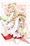  2girls animal_ears blonde_hair blush braid breasts bunny_tail bunnysuit closed_mouth dango_2go dress earrings fake_animal_ears fire_emblem fire_emblem_heroes gloves green_eyes grey_hair hair_ornament jewelry long_hair long_sleeves looking_at_viewer multicolored_hair multiple_girls nintendo open_mouth red_eyes sharena short_hair simple_background smile tail veronica_(fire_emblem) white_background 