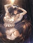  1girl absurdres albedo bare_shoulders black_hair black_wings blush breasts cleavage commentary_request demon_girl demon_horns demon_wings dress eyebrows_visible_through_hair feathered_wings hair_between_eyes highres horns large_breasts long_hair looking_at_viewer navel overlord_(maruyama) parted_lips rausu_(undeadmachine) slit_pupils smile solo teeth white_dress wings yellow_eyes 