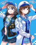  2girls anchor_print artist_name badge bangs baseball_cap black_jacket blue_background blue_eyes blue_neckwear blue_skirt blush brown_eyes brown_hair button_badge cabbie_hat character_name choker clenched_hand cowboy_shot crop_top denim denim_shorts drawstring earbuds earphones hand_in_pocket hat hood hood_down hooded_jacket hyugo jacket long_jacket long_sleeves looking_at_viewer love_live! love_live!_school_idol_festival love_live!_sunshine!! mirai_no_bokura_wa_shitteru_yo multiple_girls navel neckerchief o-ring o-ring_choker plaid_neckwear print_shirt raglan_sleeves sailor_collar saitou_shuka salute seiyuu seiyuu_connection shirt short_shorts shorts skirt smile studded_choker watanabe_you white_jacket 