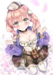  1girl absurdres atelier_(series) atelier_escha_&amp;_logy black_neckwear black_skirt bracelet braid breasts choker cleavage closed_mouth collarbone escha_malier full_body green_eyes hat highres jewelry kneeling looking_at_viewer martinreaction medium_breasts pink_hair purple_sweater short_hair signature simple_background skirt smile solo sweater thighhighs twintails w_arms white_background white_headwear white_legwear 