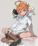  1girl 2boys ahoge angel_wings black_eyes black_hair blue_eyes blush book boots closed_mouth emma_(yakusoku_no_neverland) green_eyes grey_background hair_over_one_eye halo highres ke02152 leather leather_boots long_sleeves looking_at_viewer multiple_boys neck_tattoo norman_(yakusoku_no_neverland) open_book orange_hair ray_(yakusoku_no_neverland) shadow shirt shoelaces short_hair simple_background sitting sketch skirt smile tattoo white_hair white_shirt wings yakusoku_no_neverland 