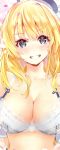  1girl absurdres atago_(kantai_collection) bangs beret blonde_hair blue_eyes blush bra breasts cleavage collarbone eyebrows_visible_through_hair hat highres kantai_collection large_breasts long_hair looking_at_viewer parted_lips scan shiny shiny_hair simple_background smile solo teeth underwear upper_body yahako 