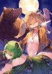  2girls animal animal_ears animare ass bangs bear bear_ears bear_paws blonde_hair blunt_bangs breasts breasts_apart bunny bunny_ears eyebrows_visible_through_hair full_moon gloves green_eyes green_hair hair_between_eyes hair_ribbon highres hinokuma_ran inaba_haneru_(animare) japanese_clothes jewelry kimono knife kokka_han looking_at_viewer moon mouth_hold multiple_girls navel night off_shoulder open_clothes paw_gloves paws pendant ribbon short_hair small_breasts tongue tongue_out virtual_youtuber yellow_eyes 