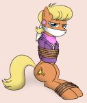  bdsm bondage bound ear_piercing ear_ring earth_pony equid equine female feral friendship_is_magic gag hi_res horse jewelry looking_at_viewer mammal ms._harshwhinny_(mlp) my_little_pony necklace nivek15 piercing pony rope rope_bondage simple_background solo 