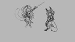  16:9 2018 anthro breasts butt canid canine cheese_quesadilla chibi digitigrade domestic_cat duo felid feline felis female flower fox grey_background hair hi_res long_hair mammal melee_weapon monochrome nipples open_mouth plant simple_background standing sword watsup weapon 