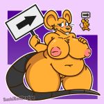  1:1 2019 anthro belly big_breasts blush breasts chest_tuft digital_media_(artwork) earthbound_(series) exit_mouse female front_view hi_res holding_(disambiguation) mammal mouse murid murine nintendo nipples nude overweight overweight_female pussy rodent sign simple_background smile solo standing sushirolldragon thick_thighs tuft video_games voluptuous whiskers wide_hips 