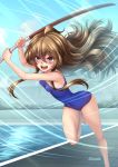  1girl adsouto aisaka_taiga artist_name bangs blue_sky blue_swimsuit blush bokken breasts brown_eyes brown_hair covered_navel day eyebrows_visible_through_hair facing_viewer highres long_hair motion_lines one-piece_swimsuit open_mouth outdoors pool running school_swimsuit sky small_breasts solo swimsuit sword toradora! weapon wooden_sword 