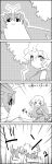  2girls 4koma :d ^_^ antennae arms_up butterfly_wings chasing closed_eyes comic commentary_request detached_sleeves dress emphasis_lines eternity_larva eyes_closed fleeing glint greyscale hair_between_eyes hatchet highres long_hair looking_at_another monochrome multiple_girls open_mouth oriental_hatchet sakata_nemuno shaded_face sharp_teeth short_hair shoujo_kitou-chuu smile sparkle tani_takeshi teeth touhou translation_request tree very_long_hair wings yukkuri_shiteitte_ne 