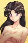  1girl bangs black_hair blush breasts covering covering_breasts earrings futari_ecchi hankuri jewelry long_hair looking_at_viewer medium_breasts nude onoda_yura parted_bangs purple_eyes simple_background smile solo upper_body yellow_background 