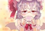  blush bow close drink glasses hat purple_hair red_eyes remilia_scarlet short_hair sinzan touhou vampire wings wristwear 