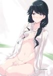  1girl black_hair blush bottomless collarbone commentary_request dress_shirt futon hair_down houshou_(kantai_collection) kantai_collection long_hair mikage_takashi naked_shirt navel open_clothes open_shirt purple_eyes seiza shirt sitting smile solo 