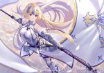  1girl armor armored_dress bangs bare_shoulders blonde_hair blush breasts chains commentary eyebrows_visible_through_hair fate/grand_order fate_(series) feet_out_of_frame from_above gauntlets headpiece highres jeanne_d&#039;arc_(fate) jeanne_d&#039;arc_(fate)_(all) large_breasts long_hair open_mouth purple_eyes sheath sheathed solo standard_bearer standing takubon_(xewh4773) very_long_hair wind 