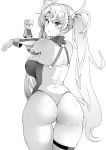  ass back bare_shoulders bradamante_(fate/grand_order) braid crown_braid elbow_gloves fate/grand_order fate_(series) french_braid gloves greyscale highleg highleg_leotard leotard long_hair looking_at_viewer monochrome soba_(saz) stretch thigh_strap thighs twintails very_long_hair 