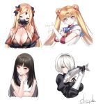  4girls abigail_williams_(fate) alternate_breast_size animal bangs bare_shoulders bishoujo_senshi_sailor_moon black_bow black_camisole black_dress blonde_hair blue_eyes blue_sailor_collar blush bow breasts brown_hair camisole choker cleavage cleavage_cutout clothing_cutout collarbone commentary crescent crescent_earrings crossover double_bun dress earrings elbow_gloves fate/grand_order fate_(series) fish forehead gas_mask gloves hair_bow hair_ornament hairband hand_up highres holding holding_animal holding_fish index_finger_raised jacket jewelry juliet_sleeves keyhole large_breasts long_hair long_sleeves looking_at_viewer magical_girl mask medium_breasts multiple_bows multiple_crossover multiple_girls nier_(series) nier_automata off_shoulder older orange_bow original parted_bangs puffy_sleeves red_bow red_choker red_eyes respirator sailor_collar sailor_moon sailor_senshi_uniform signature silver_hair smile spider_apple symbol-only_commentary tsuki_ni_kawatte_oshioki_yo tsukino_usagi twintails white_gloves yorha_no._2_type_b 