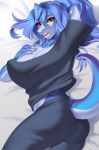  2019 anthro blue_hair blue_skin breasts clothed clothing digital_media_(artwork) female hair hi_res kuroame lying non-mammal_breasts on_side open_mouth reptile scalie smile solo teeth tongue yellow_eyes 