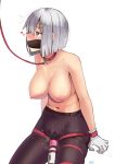  1girl absurdres areolae bdsm black_legwear blue_eyes blush bondage bound bound_wrists breasts cleave_gag cloth_gag collar collarbone crotch_seam gag gagged gloves hair_ornament hairclip hamakaze_(kantai_collection) heart highres hitachi_magic_wand improvised_gag kaddo kantai_collection large_breasts leash massager navel nipples open_mouth pantyhose pussy_juice red_rope rope short_hair silver_hair simple_background solo sweat tongue tongue_out topless vibrator wet wet_clothes wet_pantyhose white_background white_gloves 