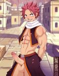  1boy abs absurdres erection fairy_tail highres male_focus muscle natsu_dragneel outdoors penis pink_hair presenting pubic_hair sex_demon_ghost smile solo testicles 
