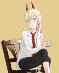  1girl blonde_hair blush chainsaw_man chair collared_shirt crosshair_pupils cup easy_(aqk7bdqt) holding holding_cup horns legs_crossed long_hair long_sleeves looking_at_viewer necktie power_(chainsaw_man) red_neckwear shirt solo yellow_background yellow_eyes 